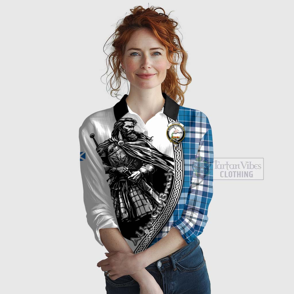 Hutton Tartan Clan Crest Women's Casual Shirt with Highlander Warrior Celtic Style Female - Tartan Vibes Clothing