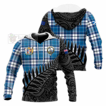 Tartan Vibes Clothing Hutton Crest Tartan Knitted Hoodie with New Zealand Silver Fern Half Style