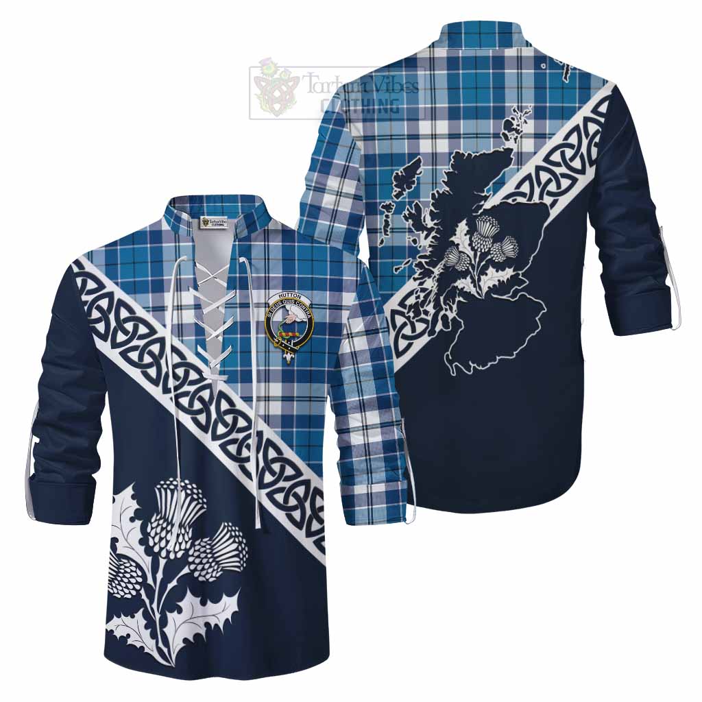 Hutton Tartan Ghillie Kilt Shirt Featuring Thistle and Scotland Map Men - Tartan Vibes Clothing