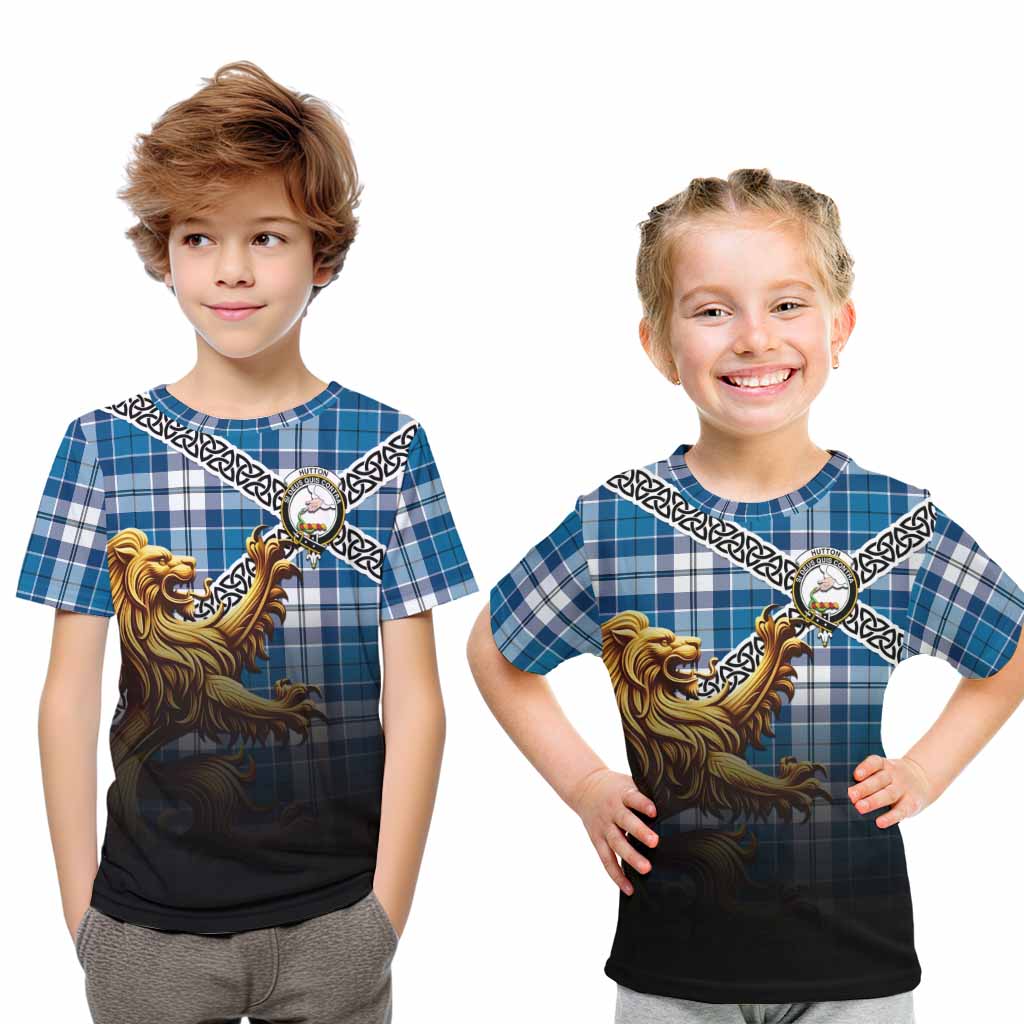 Hutton Crest Tartan Kid T-Shirt with Golden Lion Emblem Celtic Style Youth XL Size14 - Tartan Vibes Clothing