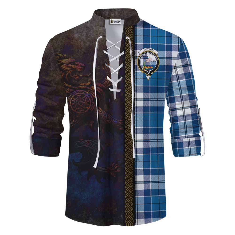 Tartan Vibes Clothing Hutton Tartan Family Crest Ghillie Kilt Shirt Alba Gu Brath Be Brave Lion Ancient Style