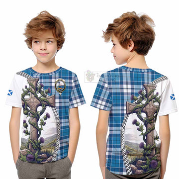 Hutton Tartan Kid T-Shirt with Family Crest and St. Andrew's Cross Accented by Thistle Vines
