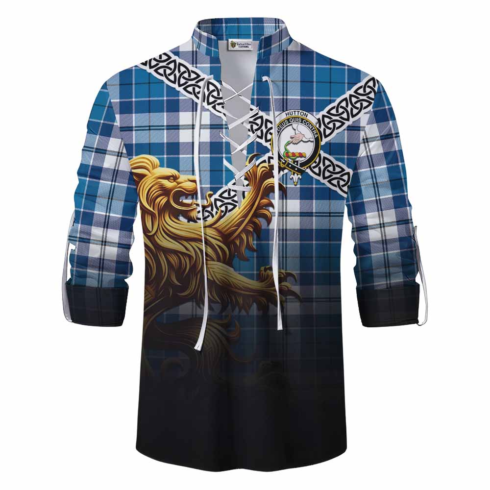Hutton Crest Tartan Ghillie Kilt Shirt with Golden Lion Emblem Celtic Style Men - Tartan Vibes Clothing