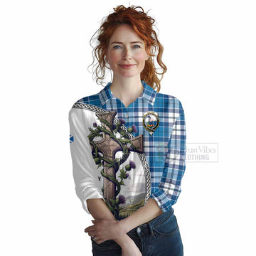 Hutton Tartan Women's Casual Shirt with Family Crest and St. Andrew's Cross Accented by Thistle Vines