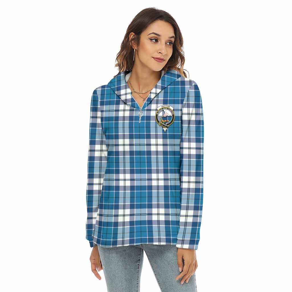 Hutton Tartan Women's Borg Fleece Hoodie with Half Zip with Family Crest Female - Tartan Vibes Clothing