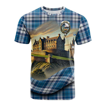 Hutton Tartan Family Crest Cotton T-shirt with Scottish Ancient Castle Style