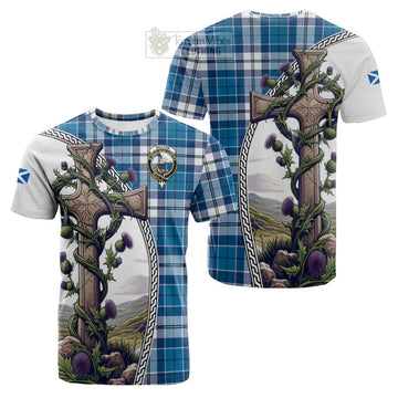 Hutton Tartan Cotton T-shirt with Family Crest and St. Andrew's Cross Accented by Thistle Vines