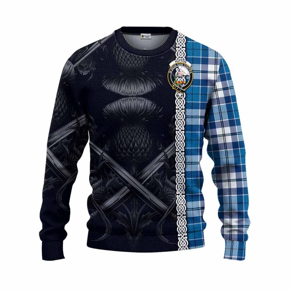 Hutton Tartan Knitted Sweater with Family Crest Cross Sword Thistle Celtic Vibes Unisex - Tartan Vibes Clothing