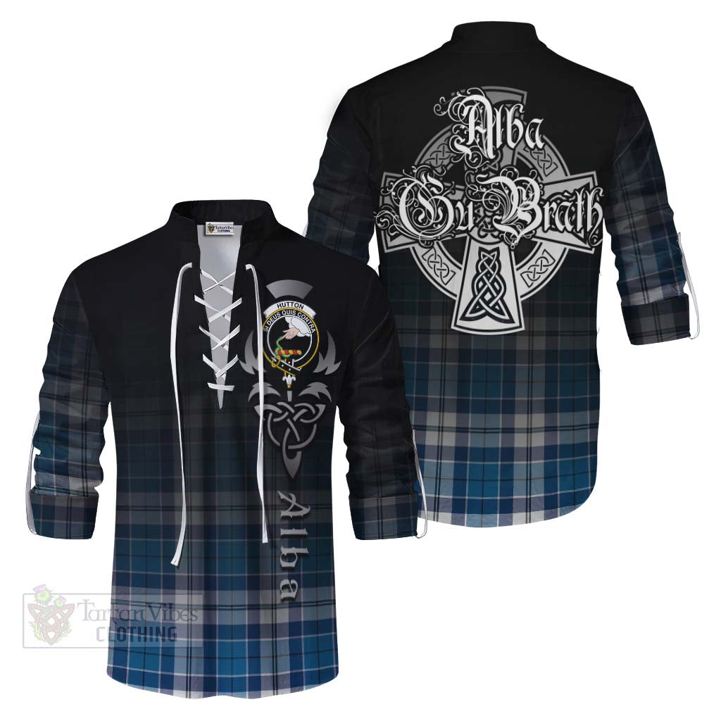 Hutton Tartan Ghillie Kilt Shirt Featuring Alba Gu Brath Family Crest Celtic Inspired Men - Tartan Vibes Clothing