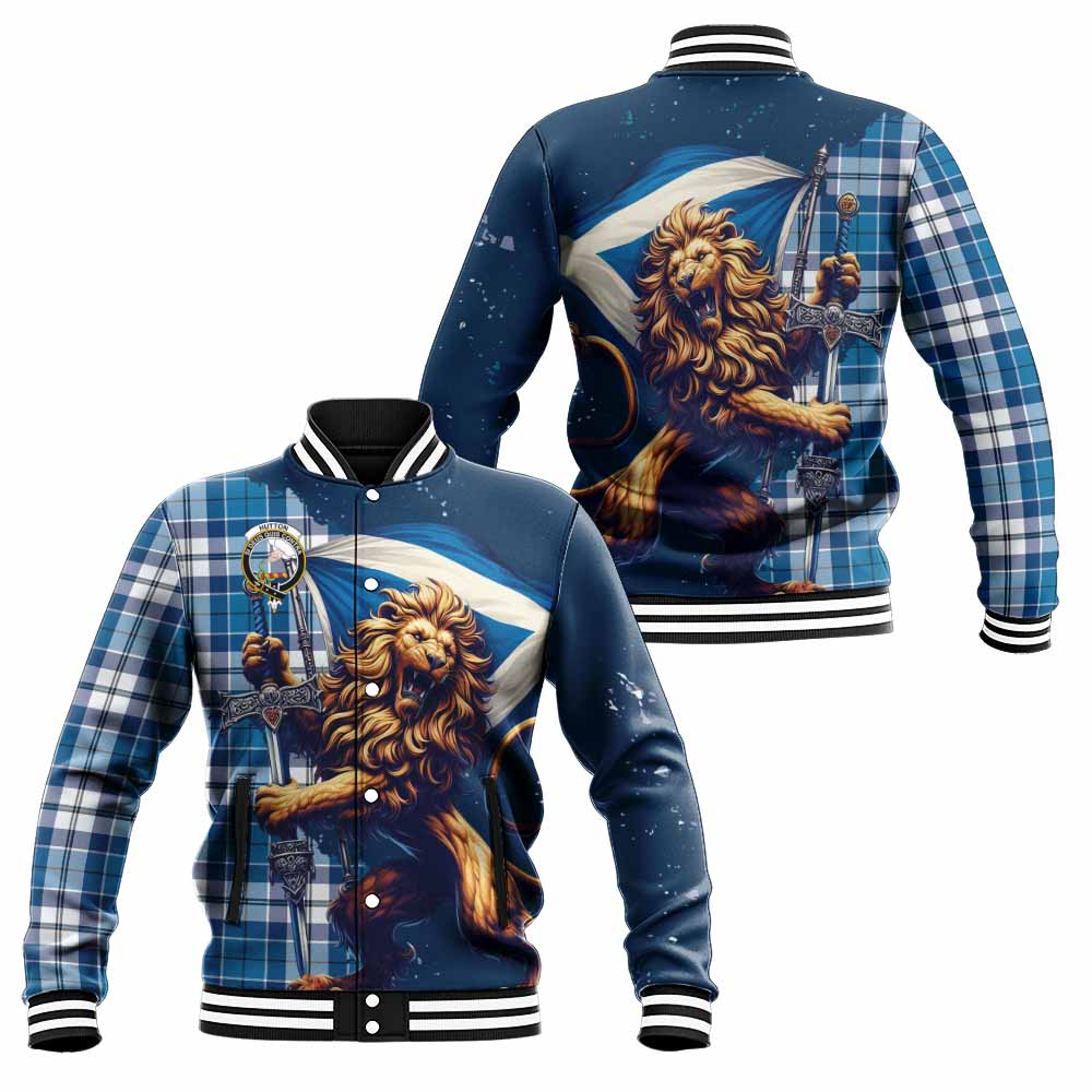 Hutton Tartan Family Crest Baseball Jacket with Scottish Majestic Lion Unisex - Tartan Vibes Clothing