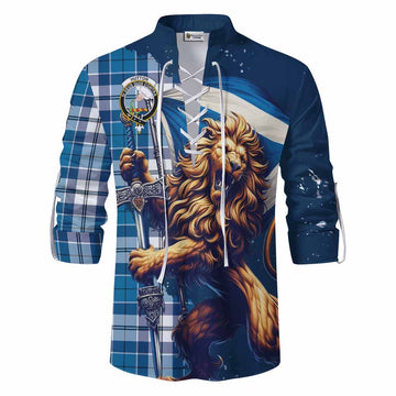 Hutton Tartan Family Crest Ghillie Kilt Shirt with Scottish Majestic Lion Men - Tartan Vibes Clothing