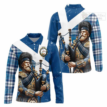 Hutton Tartan Long Sleeve Polo Shirt with Family Crest Scottish Bagpiper Vibes Unisex - Tartan Vibes Clothing