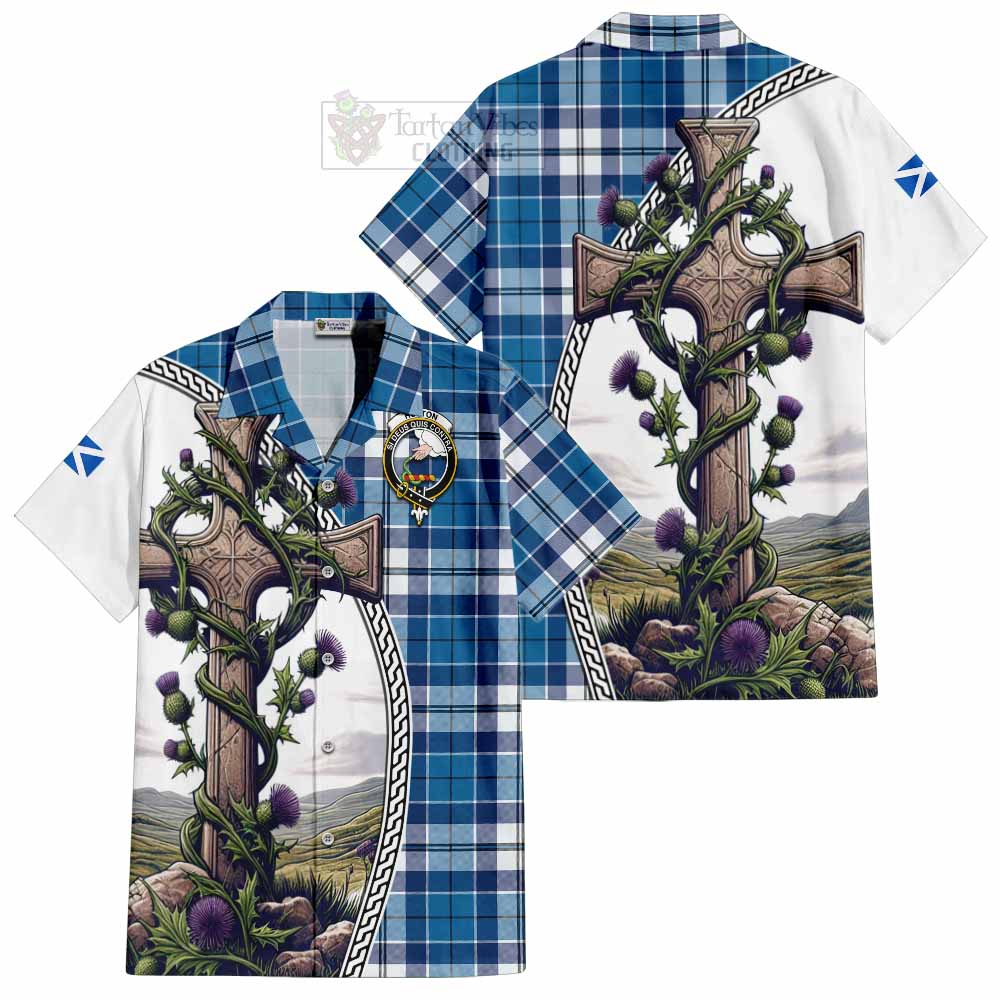 Hutton Tartan Hawaiian Shirt with Family Crest and St. Andrew's Cross Accented by Thistle Vines Kid - Tartan Vibes Clothing