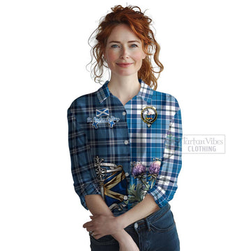Hutton Tartan Women's Casual Shirt Happy St. Andrew's Day Half Tartan Style Female - Tartan Vibes Clothing