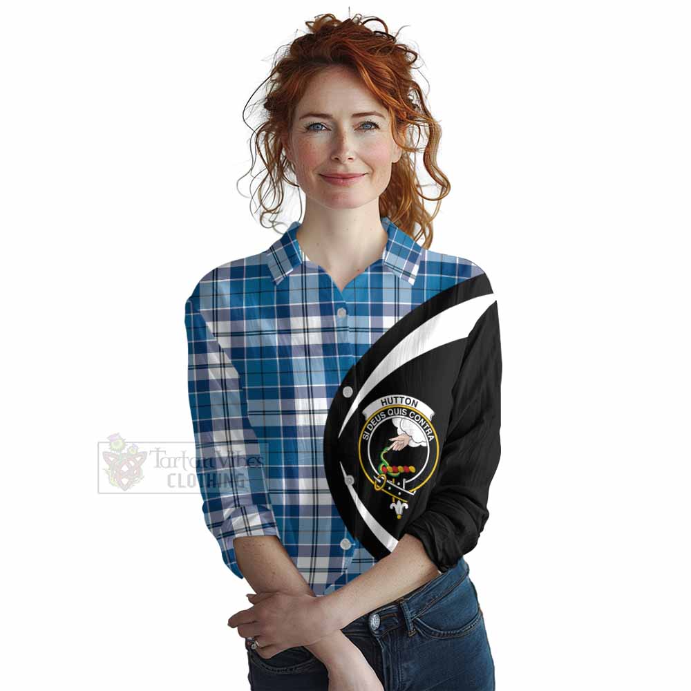 Hutton Tartan Women's Casual Shirt with Family Crest Circle Style Female - Tartan Vibes Clothing