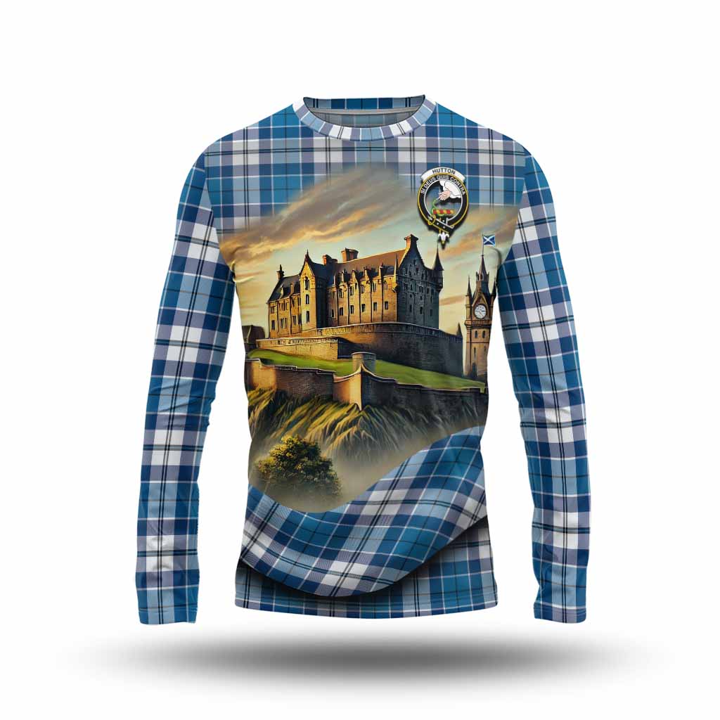 Hutton Tartan Family Crest Long Sleeve T-Shirt with Scottish Ancient Castle Style Unisex - Tartan Vibes Clothing