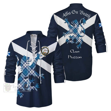 Hutton Tartan Lion Rampant Ghillie Kilt Shirt Proudly Display Your Heritage with Alba Gu Brath and Clan Name Men - Tartan Vibes Clothing