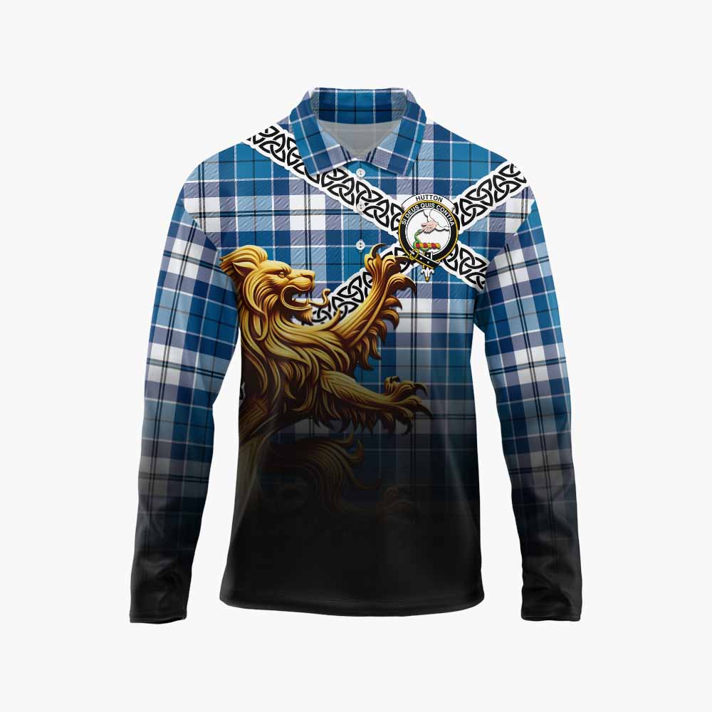 Hutton Crest Tartan Long Sleeve Polo Shirt with Golden Lion Emblem Celtic Style Unisex - Tartan Vibes Clothing