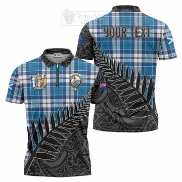 Tartan Vibes Clothing Hutton Crest Tartan Zipper Polo Shirt with New Zealand Silver Fern Half Style
