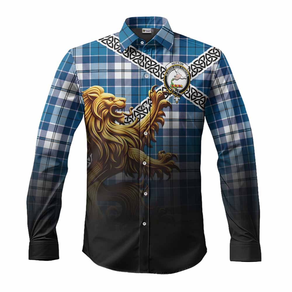 Tartan Vibes Clothing Hutton Crest Tartan Long Sleeve Button Shirt with Golden Lion Emblem Celtic Style