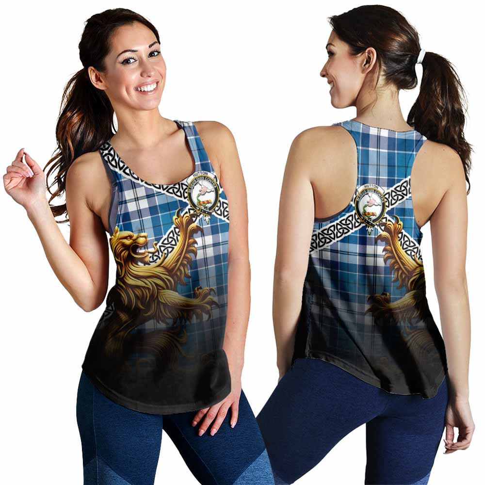 Hutton Crest Tartan Women's Racerback Tanks with Golden Lion Emblem Celtic Style 4XL - Tartan Vibes Clothing