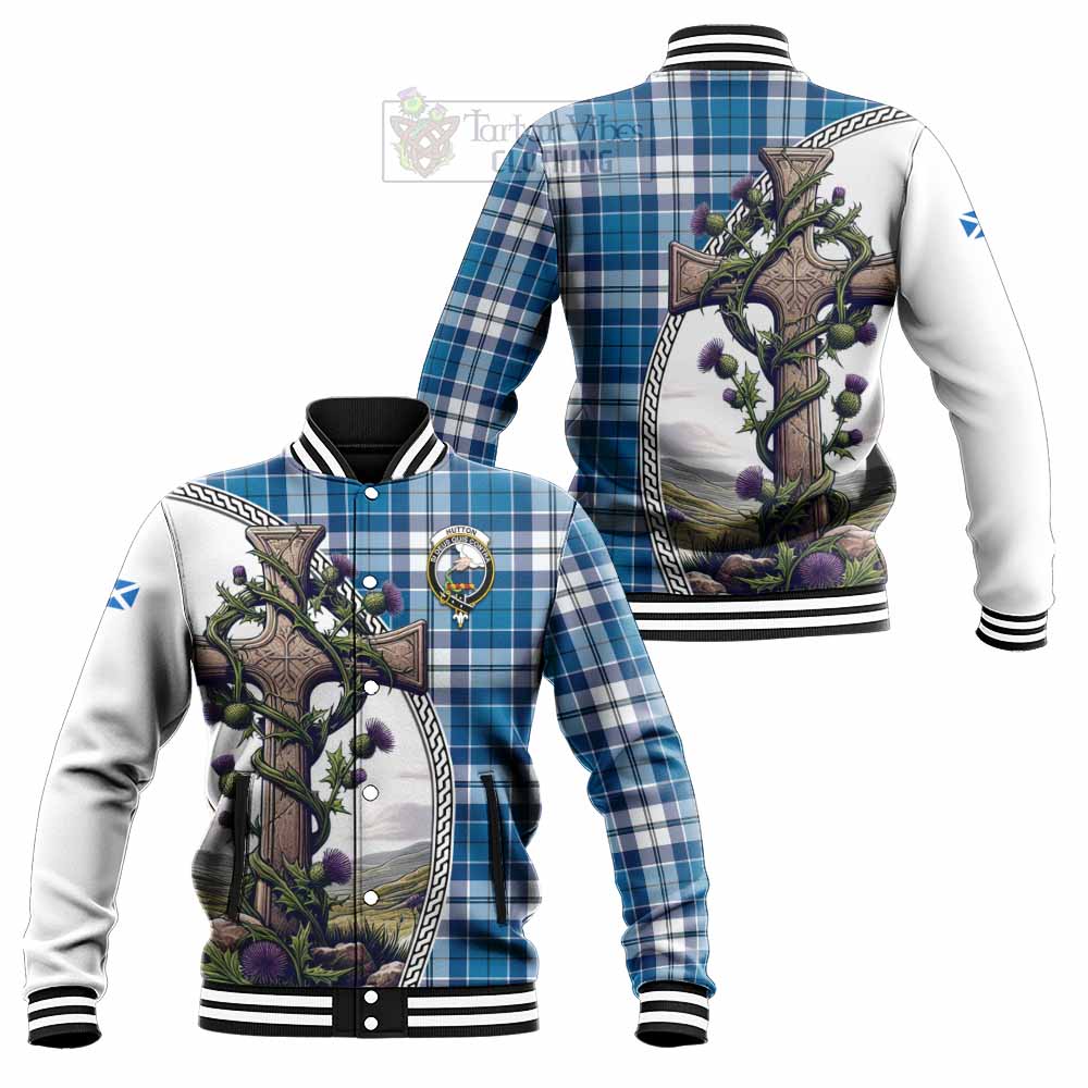 Hutton Tartan Baseball Jacket with Family Crest and St. Andrew's Cross Accented by Thistle Vines Unisex - Tartan Vibes Clothing