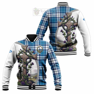 Hutton Tartan Baseball Jacket with Family Crest and St. Andrew's Cross Accented by Thistle Vines