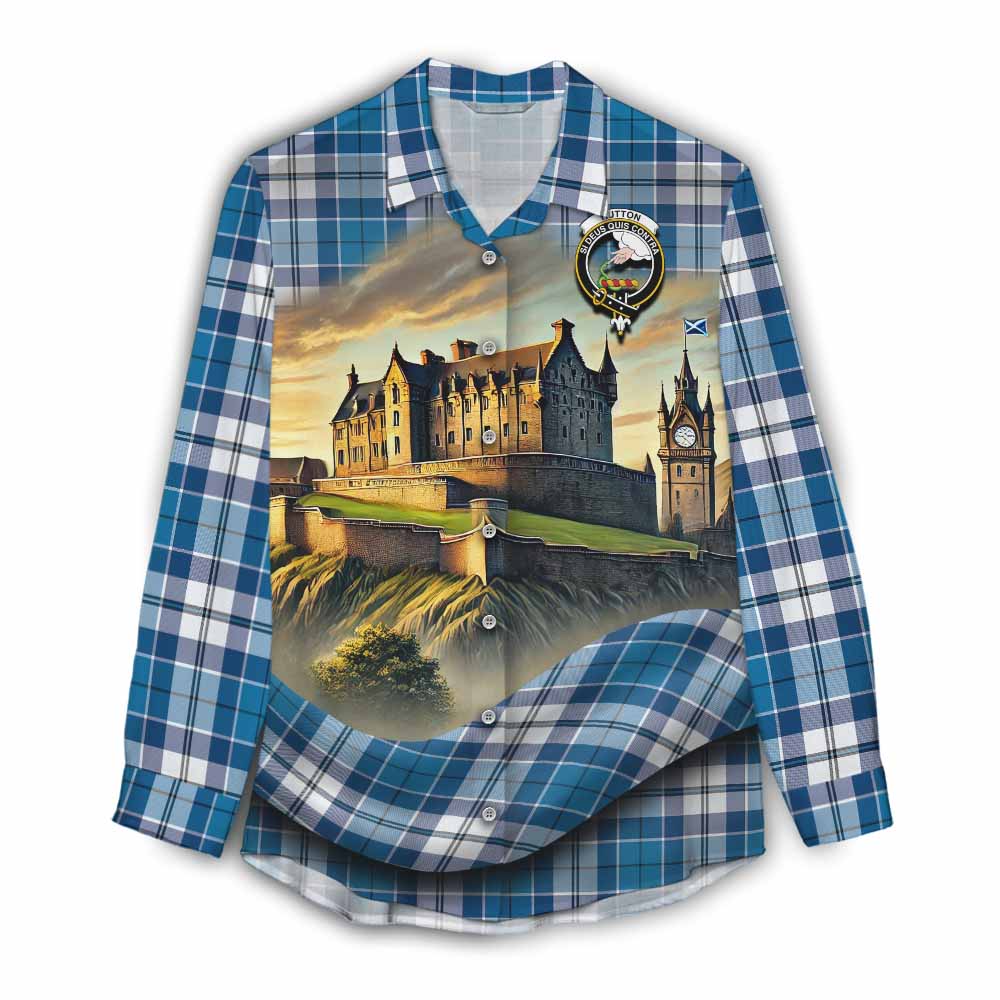 Hutton Tartan Family Crest Women's Casual Shirt with Scottish Ancient Castle Style Female - Tartan Vibes Clothing