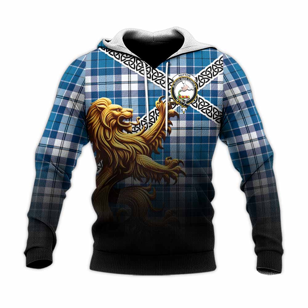 Hutton Crest Tartan Knitted Hoodie with Golden Lion Emblem Celtic Style Unisex Knitted Pullover Hoodie - Tartan Vibes Clothing