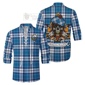 Hutton Tartan Ghillie Kilt Shirt with Family Crest and Bearded Skull Holding Bottles of Whiskey Men - Tartan Vibes Clothing
