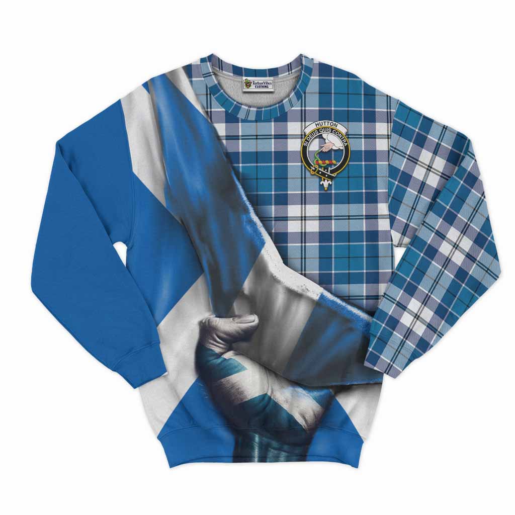 Hutton Tartan Sweatshirt with Family Crest Scotland Patriotic Style Unisex - Tartan Vibes Clothing