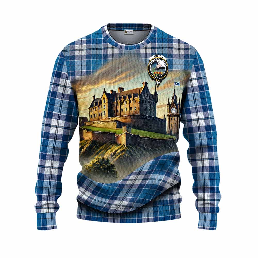 Hutton Tartan Family Crest Knitted Sweater with Scottish Ancient Castle Style Unisex - Tartan Vibes Clothing