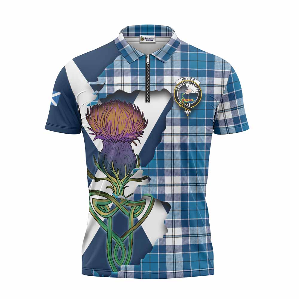 Hutton Tartan Family Crest Zipper Polo Shirt Scottish Thistle Celtic Inspired Unisex - Tartan Vibes Clothing