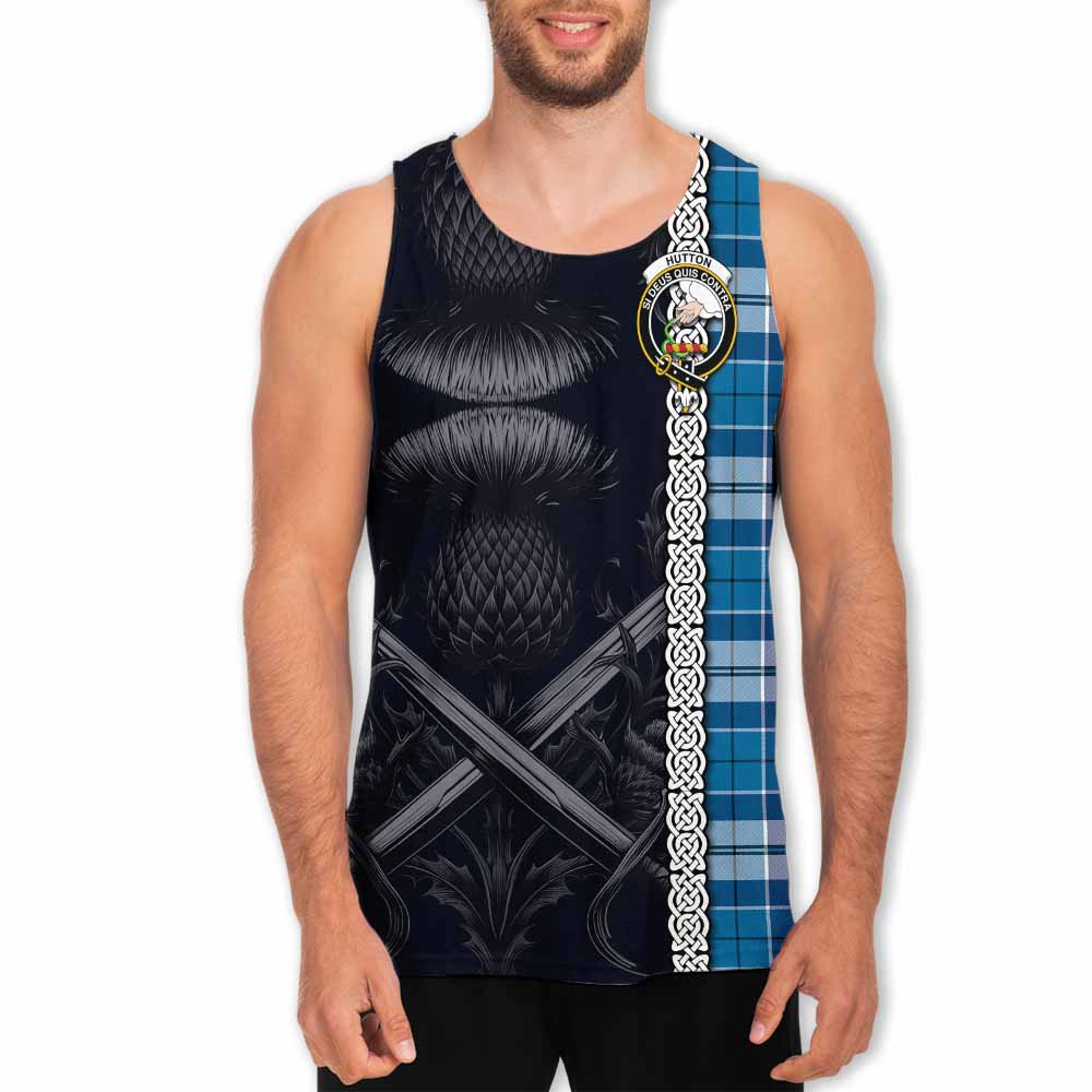 Hutton Tartan Men's Tank Top with Family Crest Cross Sword Thistle Celtic Vibes Men - Tartan Vibes Clothing
