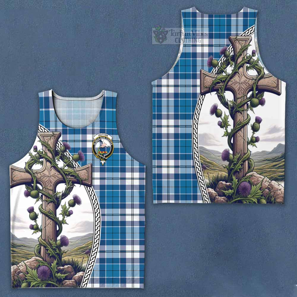 Hutton Tartan Men's Tank Top with Family Crest and St. Andrew's Cross Accented by Thistle Vines Men - Tartan Vibes Clothing