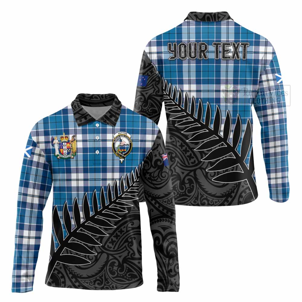 Tartan Vibes Clothing Hutton Crest Tartan Long Sleeve Polo Shirt with New Zealand Silver Fern Half Style