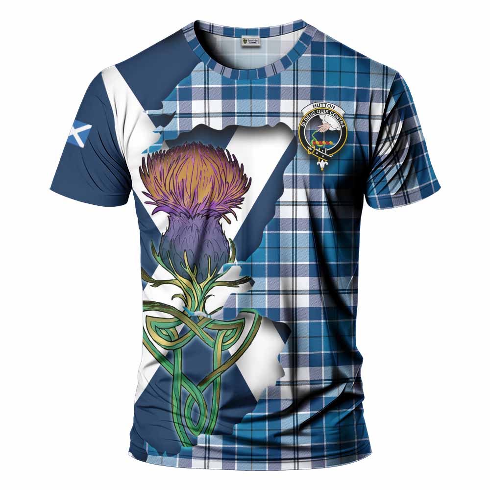 Tartan Vibes Clothing Hutton Tartan Family Crest T-Shirt Scottish Thistle Celtic Inspired