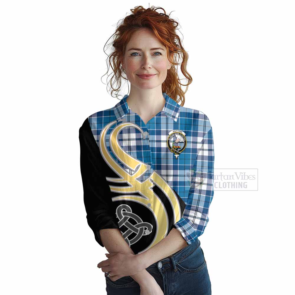 Hutton Tartan Women's Casual Shirt with Family Crest and Celtic Symbol Style Female - Tartan Vibes Clothing