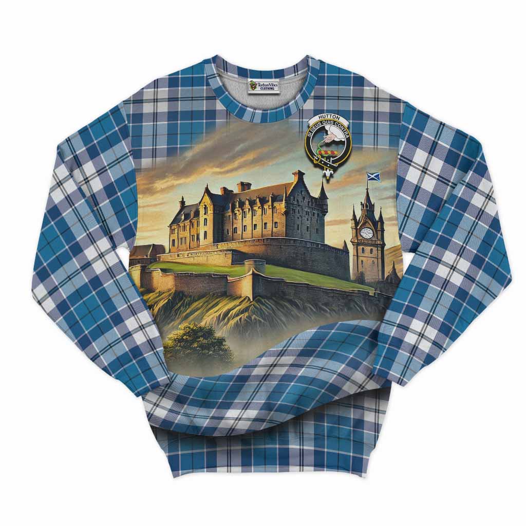 Hutton Tartan Family Crest Sweatshirt with Scottish Ancient Castle Style Unisex - Tartan Vibes Clothing