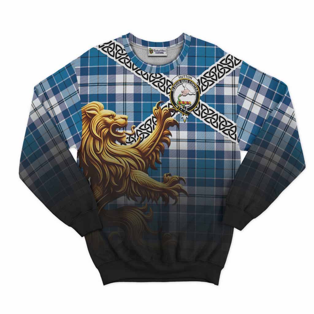Hutton Crest Tartan Sweatshirt with Golden Lion Emblem Celtic Style Unisex - Tartan Vibes Clothing