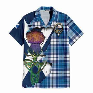 Tartan Vibes Clothing Hutton Tartan Family Crest Short Sleeve Button Shirt Scottish Thistle Celtic Inspired