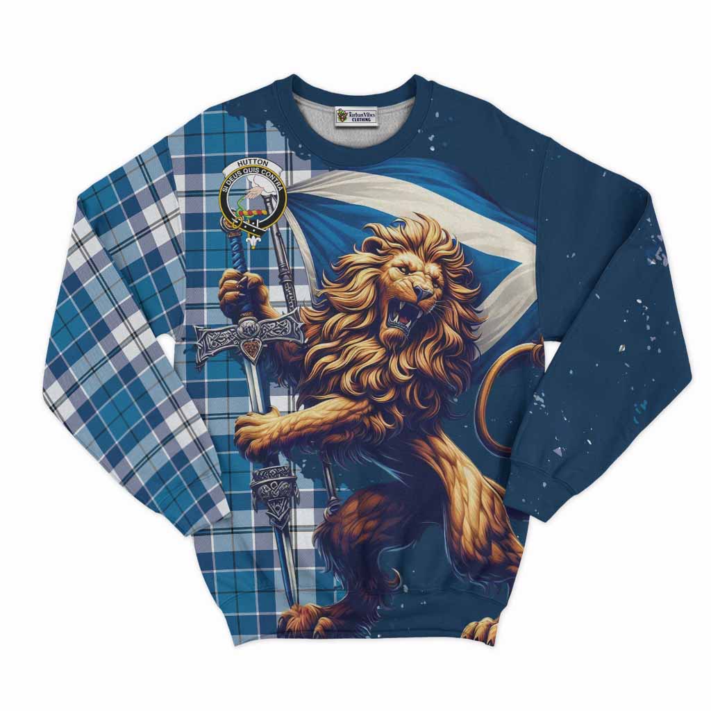 Hutton Tartan Family Crest Sweatshirt with Scottish Majestic Lion Unisex - Tartan Vibes Clothing