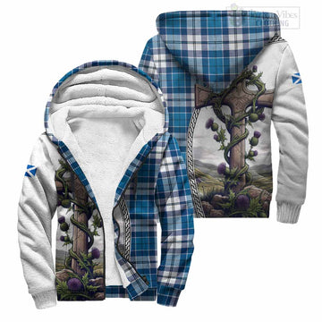 Hutton Tartan Sherpa Hoodie with Family Crest and St. Andrew's Cross Accented by Thistle Vines Unisex S - Tartan Vibes Clothing