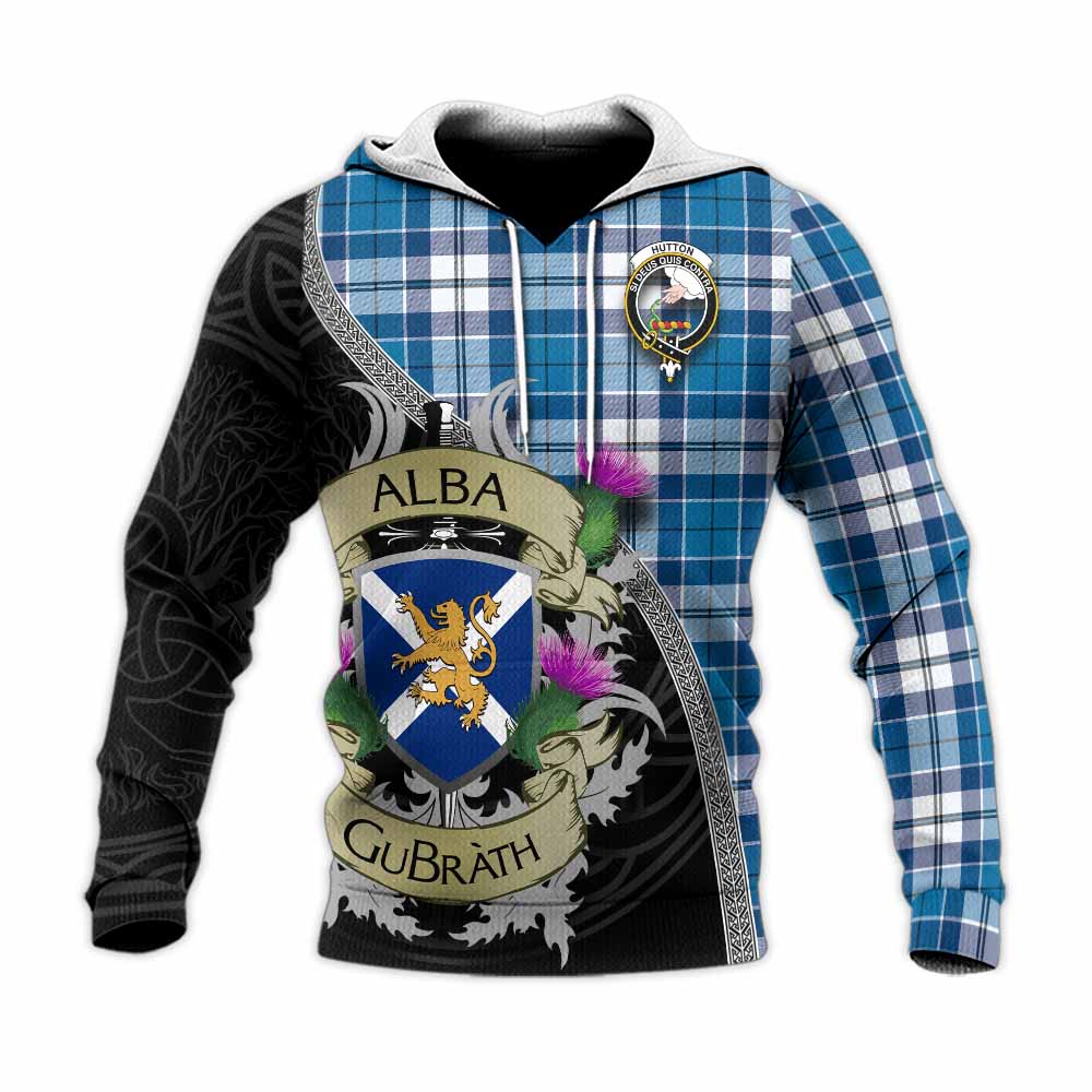 Hutton Tartan Family Crest Knitted Hoodie Lion Rampant Royal Thistle Shield Celtic Inspired Unisex Knitted Pullover Hoodie - Tartan Vibes Clothing