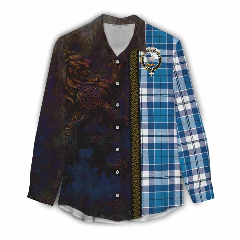 Tartan Vibes Clothing Hutton Tartan Family Crest Women's Casual Shirt Alba Gu Brath Be Brave Lion Ancient Style