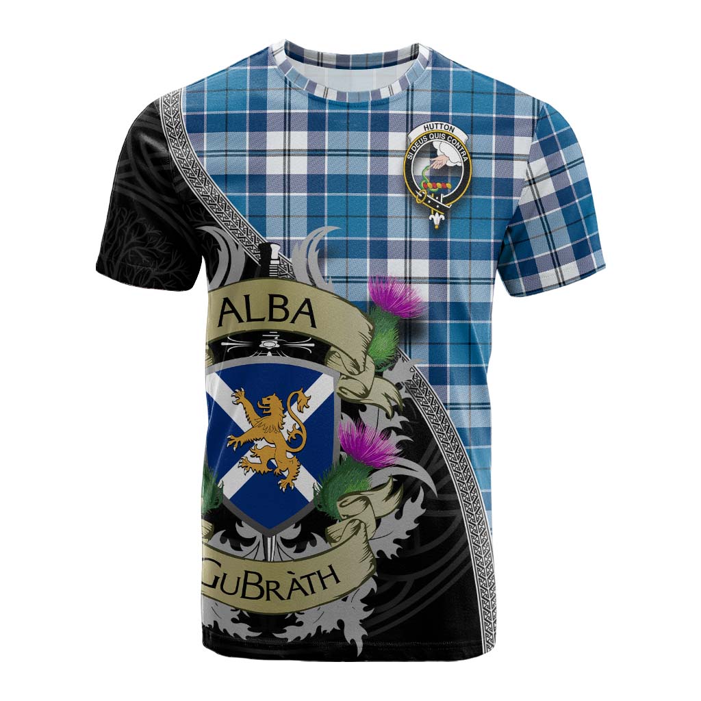 Hutton Tartan Family Crest Cotton T-shirt Lion Rampant Royal Thistle Shield Celtic Inspired Kid's Shirt - Tartan Vibes Clothing