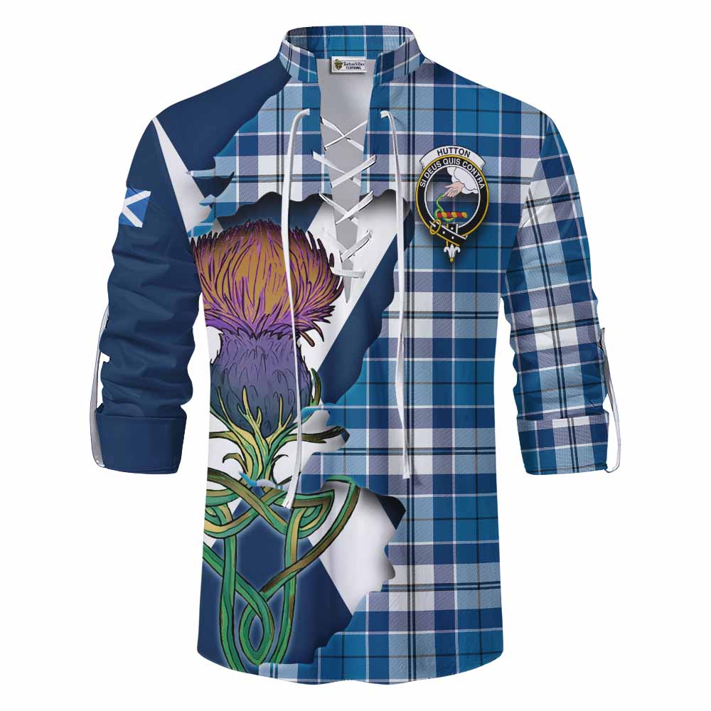 Tartan Vibes Clothing Hutton Tartan Family Crest Ghillie Kilt Shirt Scottish Thistle Celtic Inspired