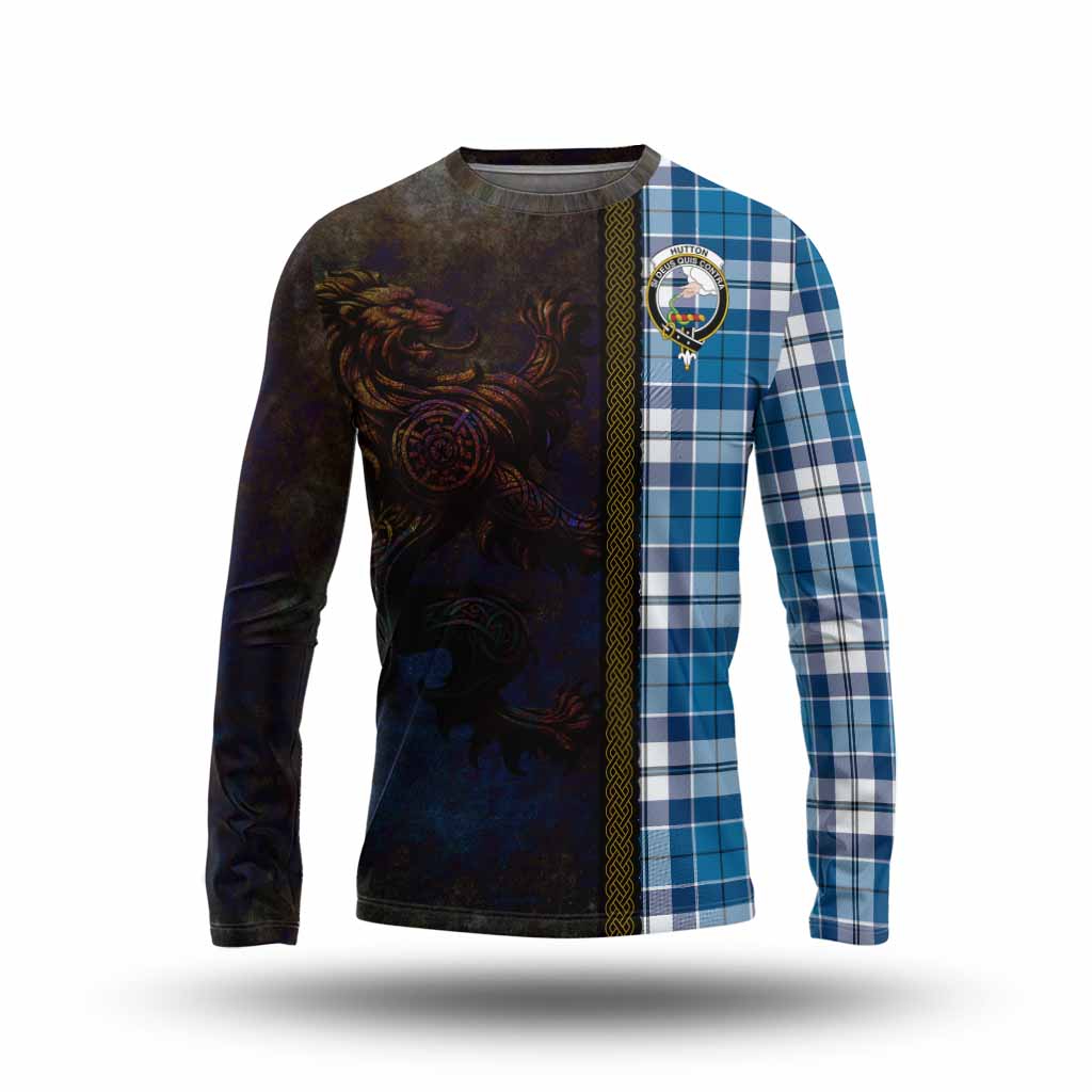 Tartan Vibes Clothing Hutton Tartan Family Crest Long Sleeve T-Shirt Alba Gu Brath Be Brave Lion Ancient Style
