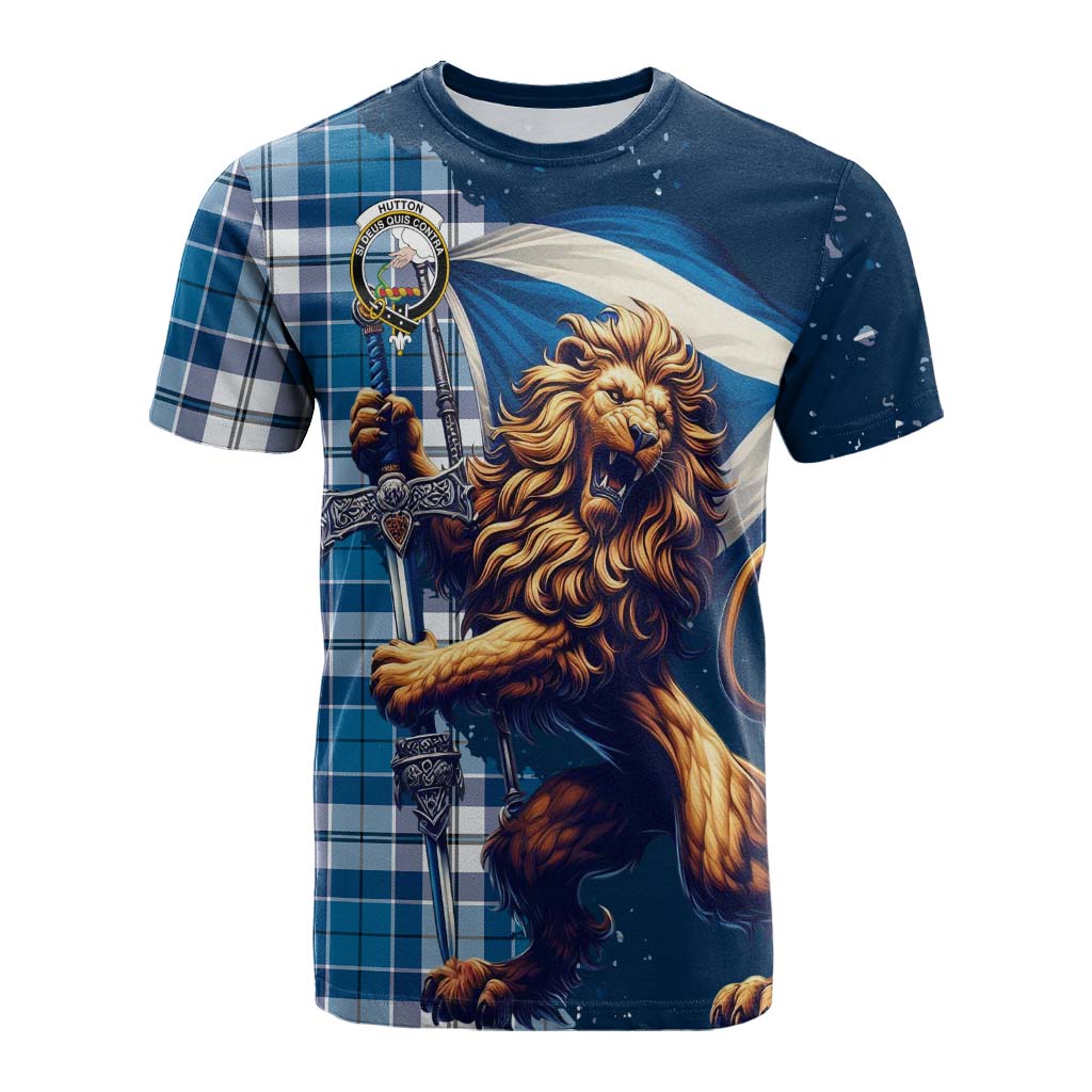 Hutton Tartan Family Crest Cotton T-shirt with Scottish Majestic Lion Kid's Shirt - Tartan Vibes Clothing