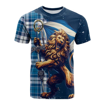 Hutton Tartan Family Crest Cotton T-shirt with Scottish Majestic Lion